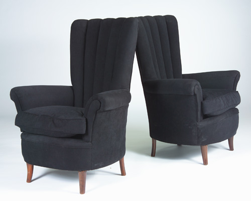 Appraisal: ITALIAN Pair of club chairs with high channeled backs reupholstered