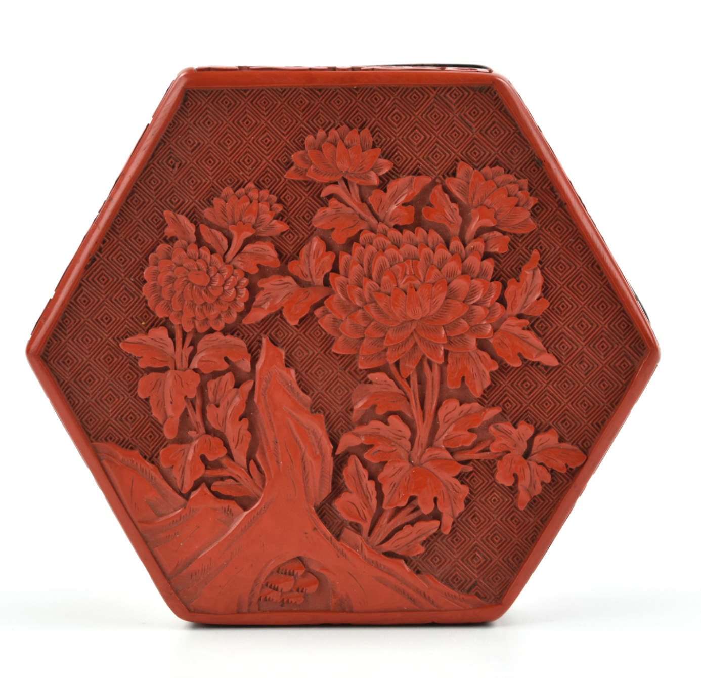 Appraisal: a hexagon shaped red lacquer box carved with blossom peonies