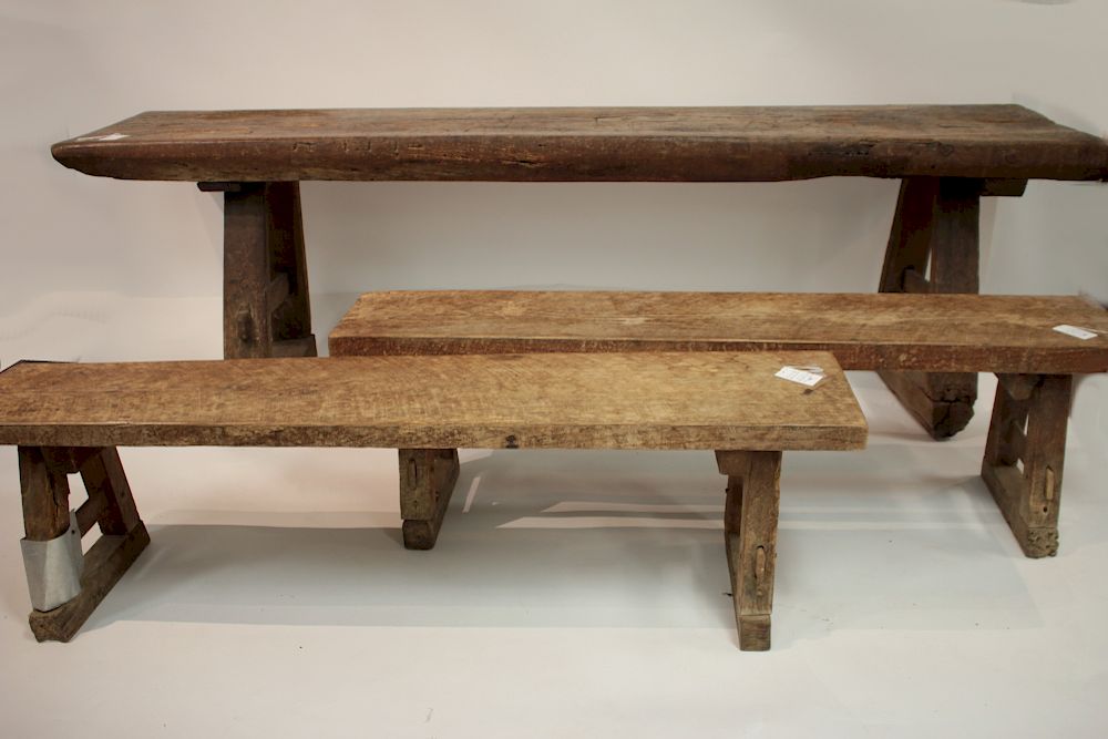 Appraisal: English Country Oak Trestle Table Benches Table H x W