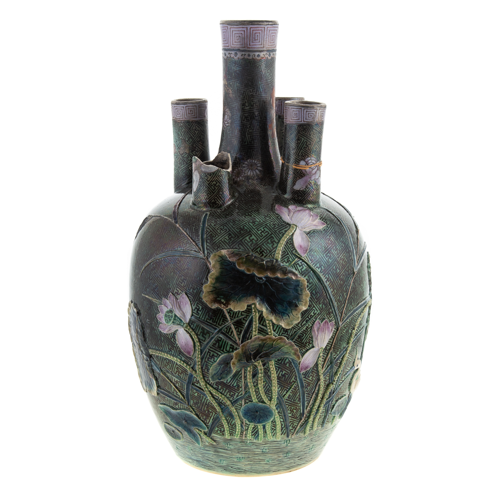 Appraisal: CHINESE GLAZED TERRACOTTA FIVE NECK VASE Mid- th century ovoid