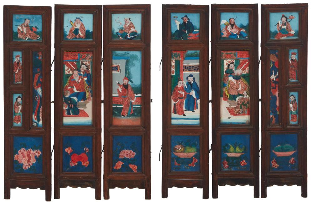 Appraisal: Two Chinese reverse painted table folding screens th Century Each