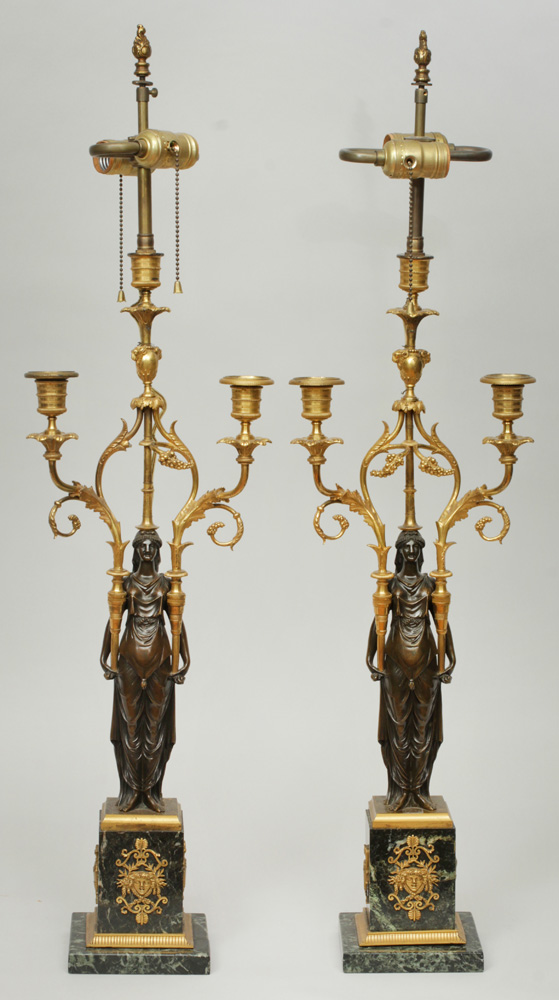 Appraisal: Pair of Empire Style Patinated Bronze and Gilt-Metal Figural Three-Light