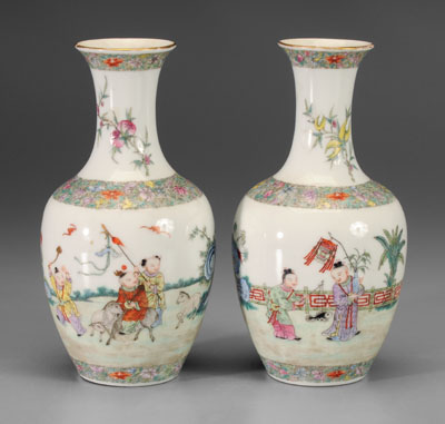 Appraisal: Pair Chinese famille verte vases bottle shapes mirror image Hundred