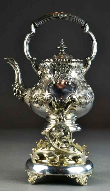 Appraisal: Old Sheffield Plate English Kettle Stand BurnerProfusely decorated with floral