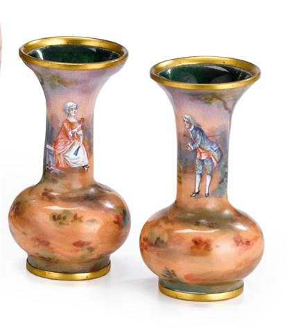 Appraisal: Pair of miniature French enamel vases Each of baluster form