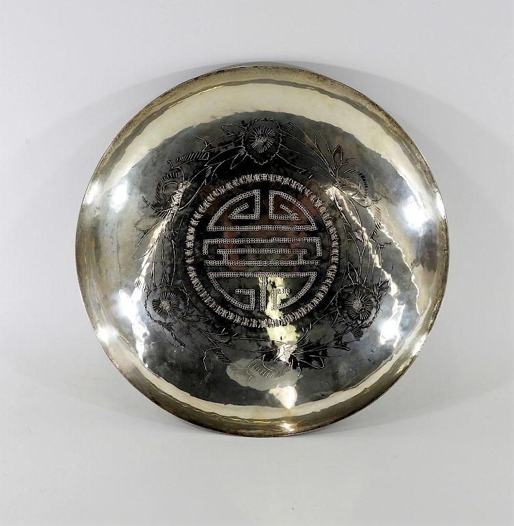 Appraisal: Chinese Silver Floral Engraved Calligraphy Charger A high grade silver