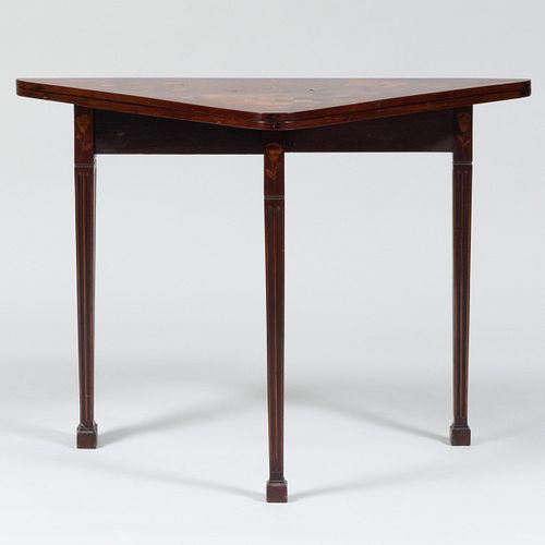 Appraisal: DUTCH MAHOGANY AND FRUITWOOD MARQUETRY CORNER FOLDING GAMES TABLEOpening to