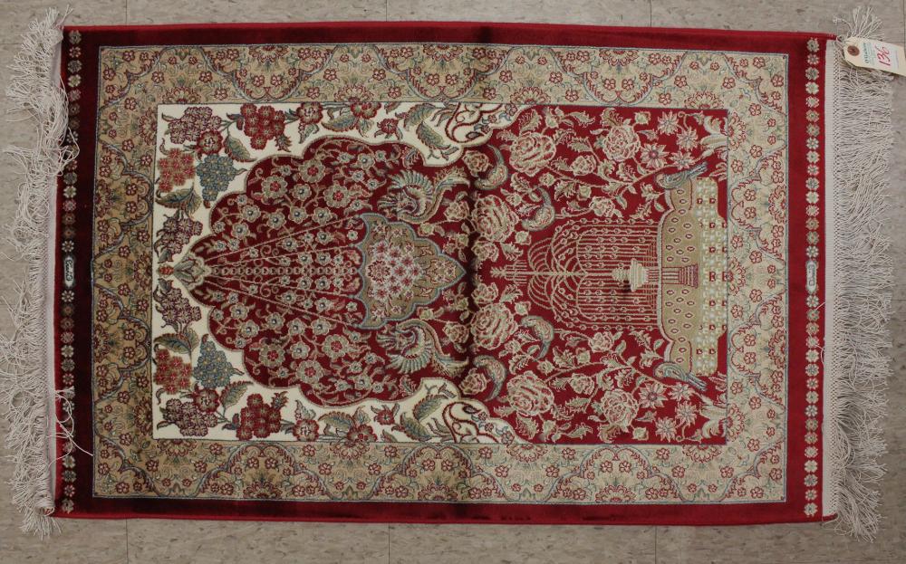 Appraisal: DOUBLE SIGNED TURKISH 'BAMBOO SILK' PRAYER RUG red and ivory