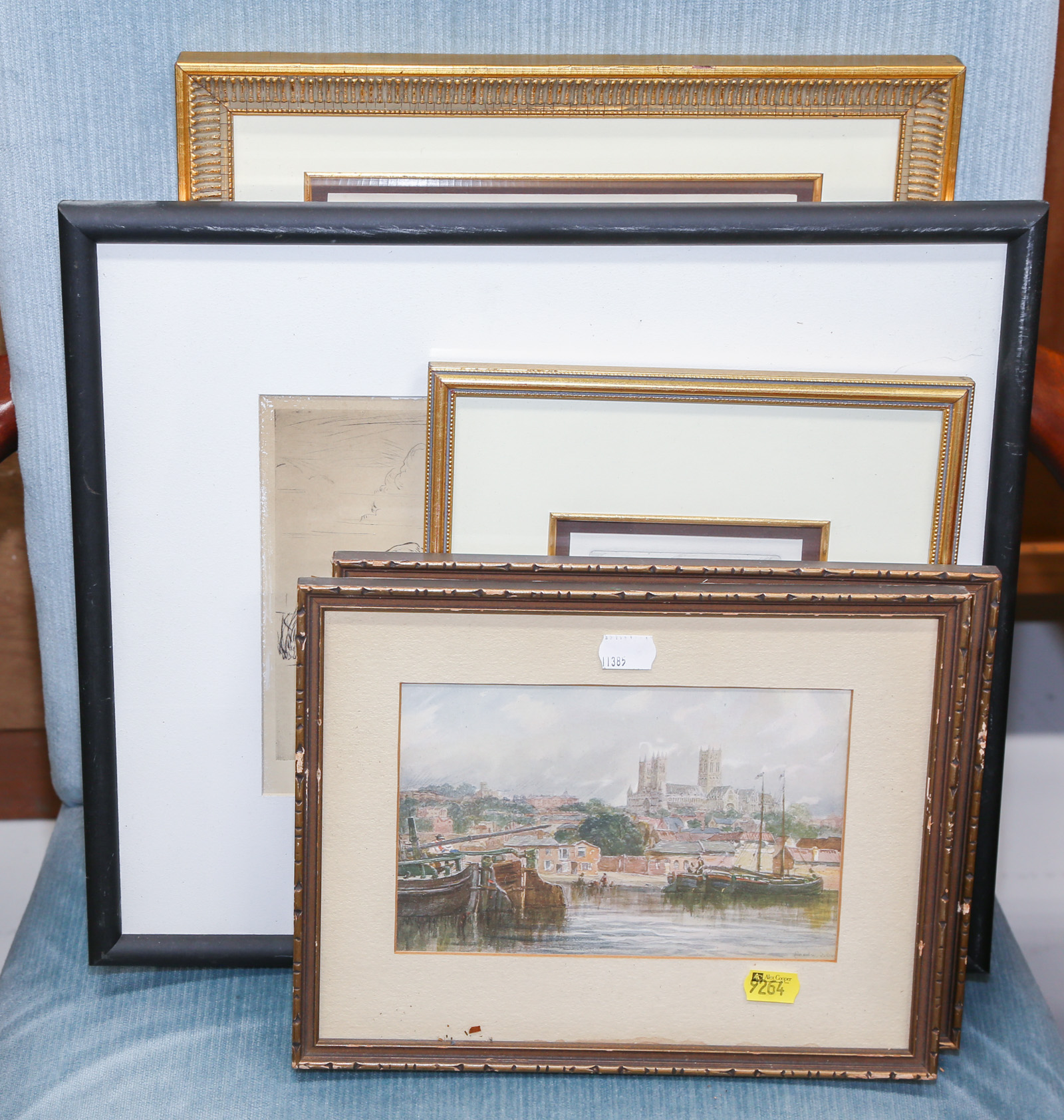 Appraisal: SIX FRAMED ARTWORKS Including two English color aquatint book illustrations