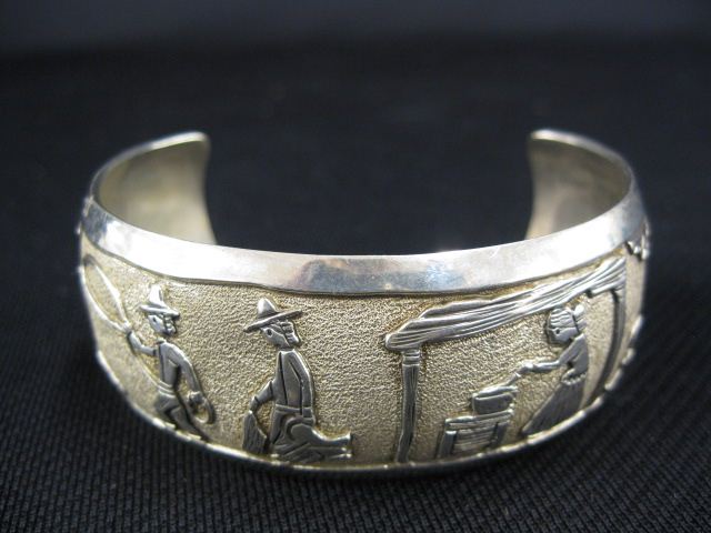 Appraisal: Sterling Silver Bracelet carved Western scenes wide