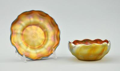 Appraisal: A Gold Favrile Glass Bowl and Underplate Each etched with