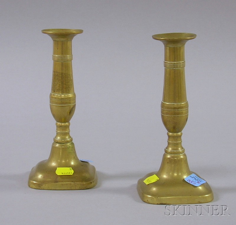 Appraisal: Pair of Brass Rectangular-base Push-up Candlesticks ht in