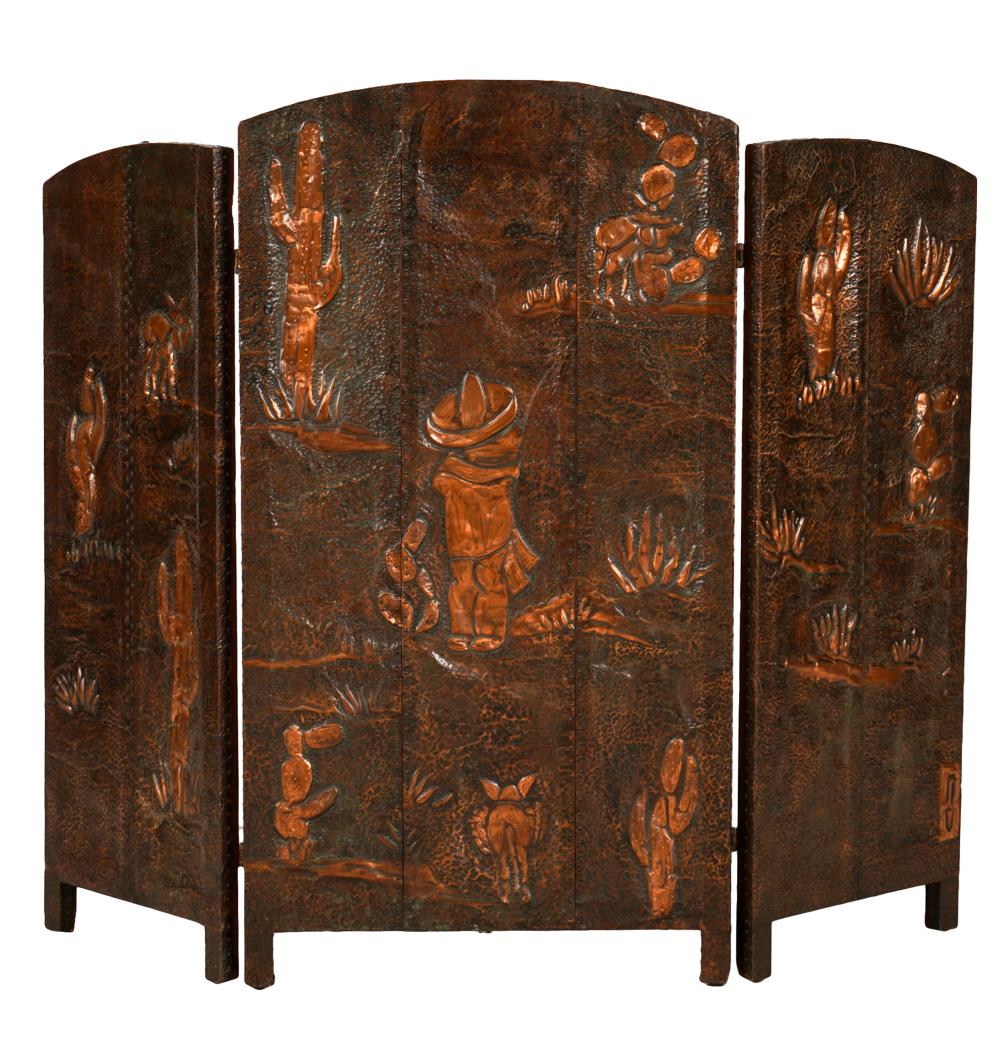 Appraisal: AMERICAN COPPER FIRESCREENhand-hammered copper on wood depicting a figure in