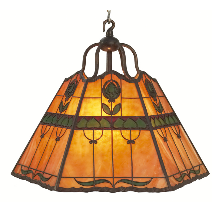 Appraisal: Handel hanging fixture six-sided shade with overlay stylized floral design