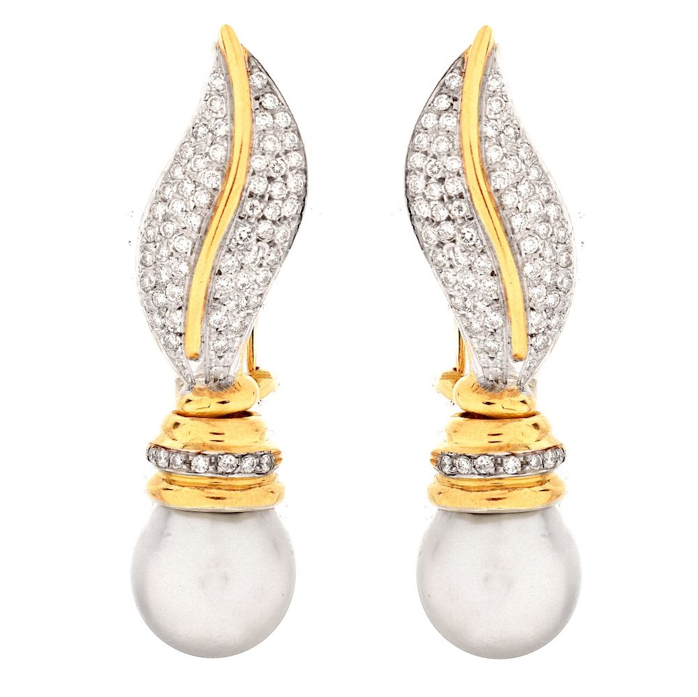 Appraisal: Diamond Pearl and K Earrings Vintage Approx Carat Pave Set