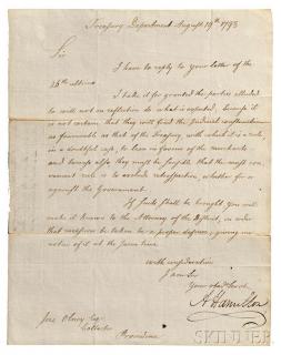 Appraisal: Hamilton Alexander - Letter Signed Treasury Department Philadelphia August Single