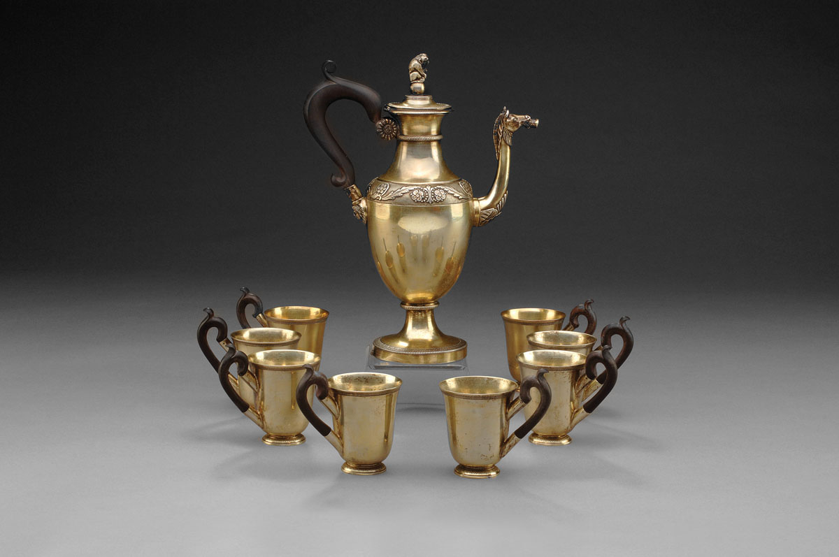 Appraisal: CONTINENTAL NEOCLASSICAL SILVER-GILT DEMITASSE SET G IACCARIN EARLY NINETEENTH CENTURY