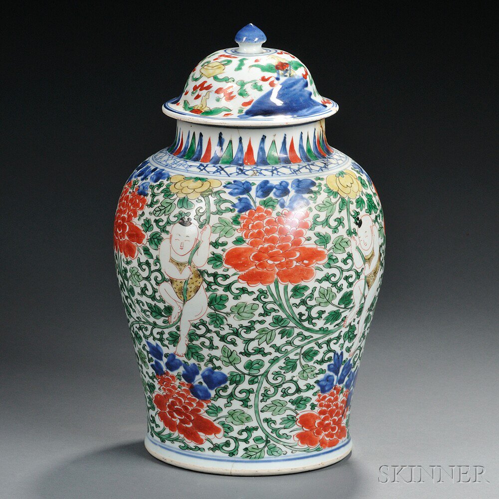 Appraisal: Doucai Enameled Covered Jar China late Ming dynasty full S-shape