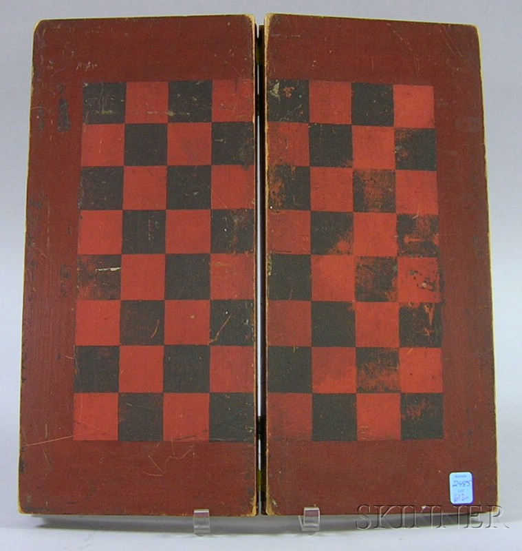 Appraisal: Painted Wooden Folding Checkers Backgammon Game Board lg folded wd