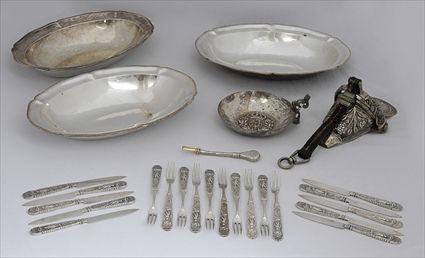 Appraisal: THREE MEXICAN SILVER VEGETABLE DISHES A WINE TASTER STIRRUP AND