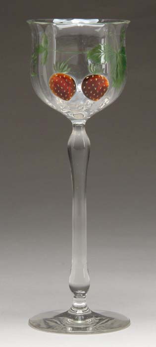 Appraisal: MOSER WHEEL-CARVED MARQUETRY CHALICE Nice large chalice has marquetry strawberries