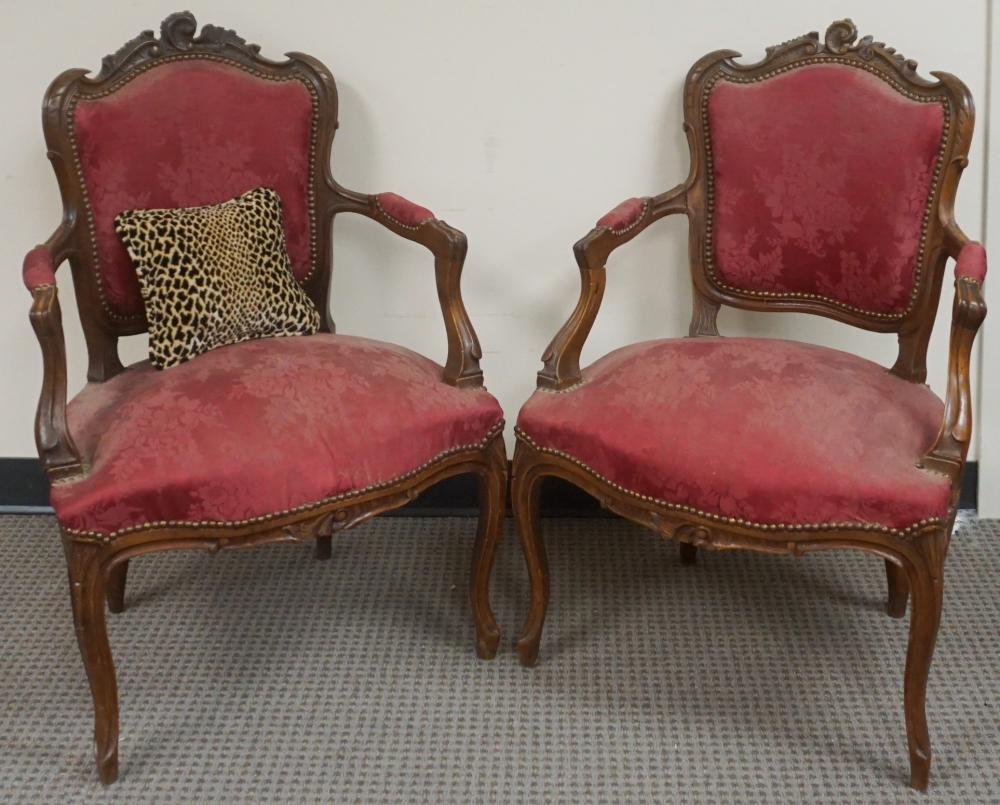 Appraisal: Pair of Louis XV Style Carved Walnut and Rose Silk