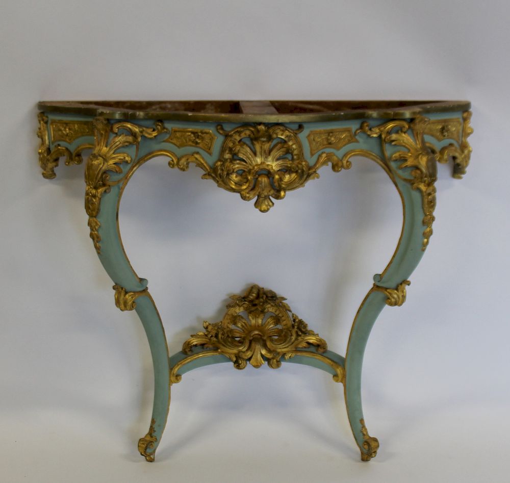 Appraisal: Louis XV Style Carved Paint and Gilt Decorated Marbletop Console