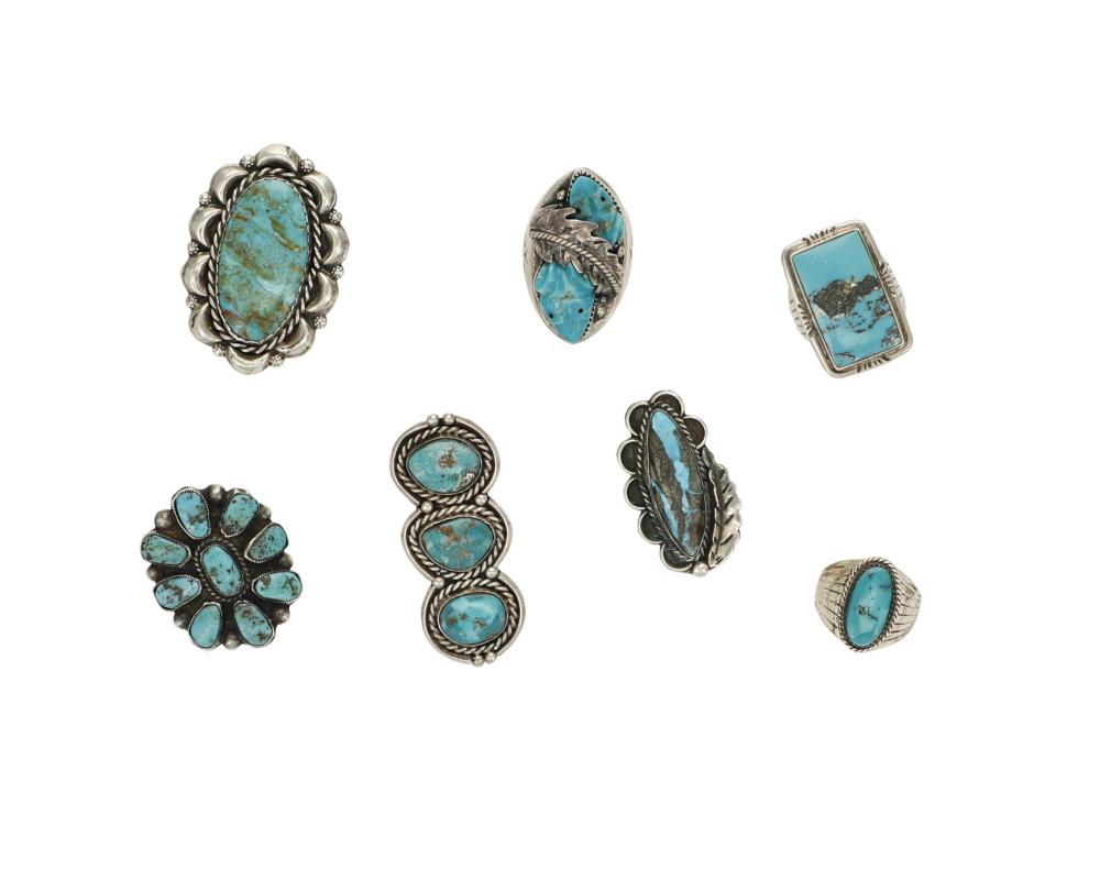 Appraisal: A group of Southwest silver and turquoise rings Second-Half th