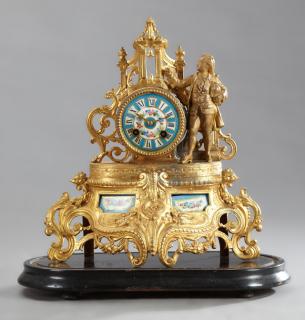 Appraisal: Gilt Spelter and Porcelain Figural Mantel Clock Gilt Spelter and