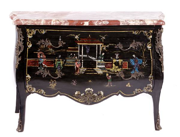 Appraisal: A Louis XV style chinoiserie decorated marble topped commode height