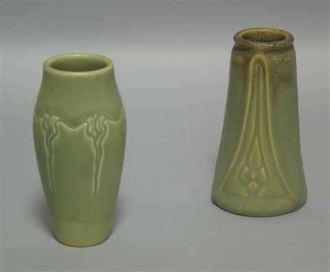 Appraisal: TWO ROOKWOOD MATTE GREEN VASES The first impressed F and