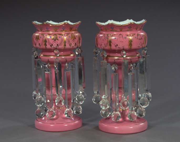 Appraisal: Magnum Pair of Bohemian Parcel-Gilt and Floral-Enameled Pink Overlay glass