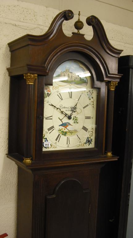 Appraisal: Contemporary mahogany three train longcase clock the painted arched dial