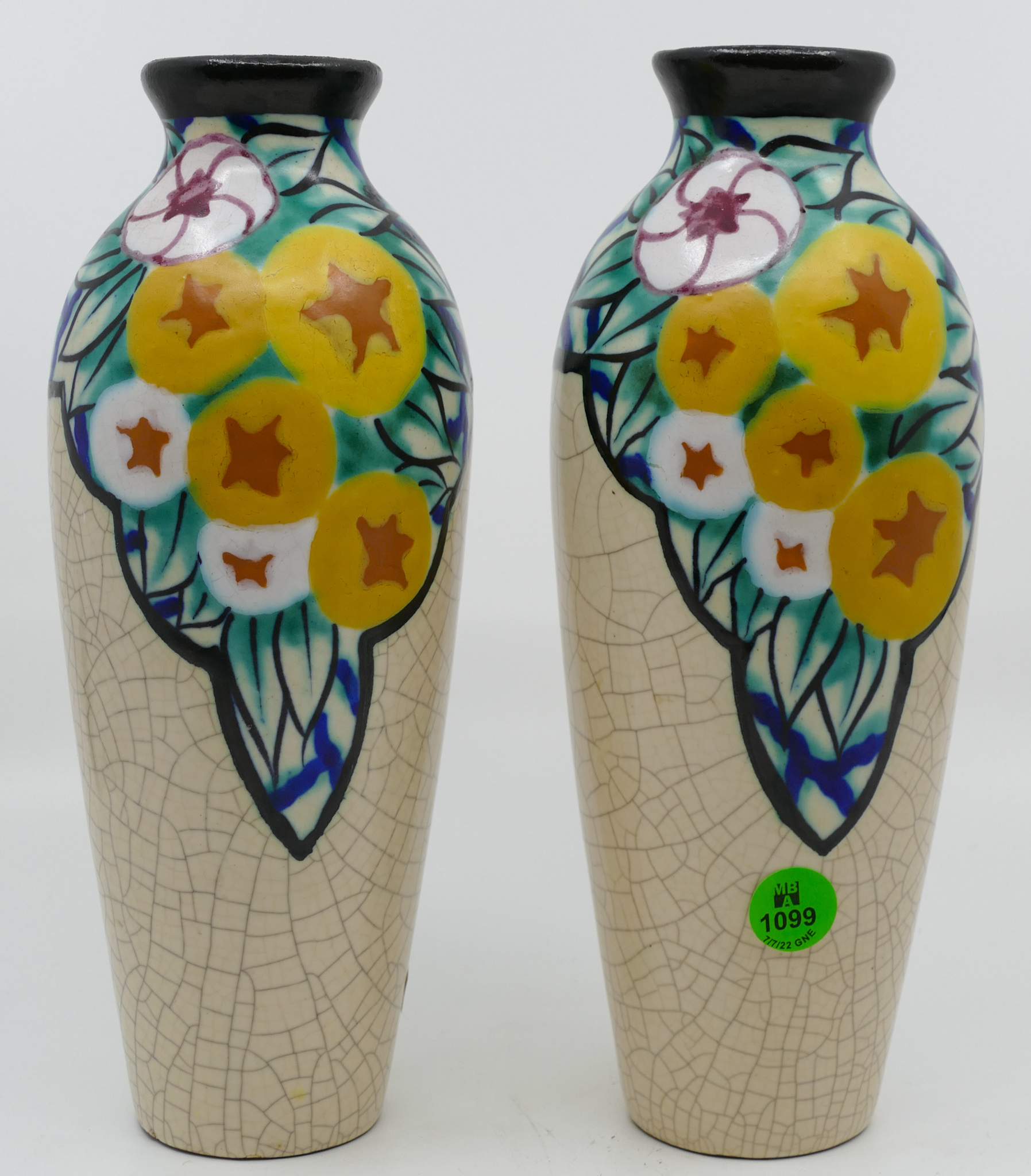 Appraisal: Pair French Art Deco Floral Pottery Vases Signed L Page