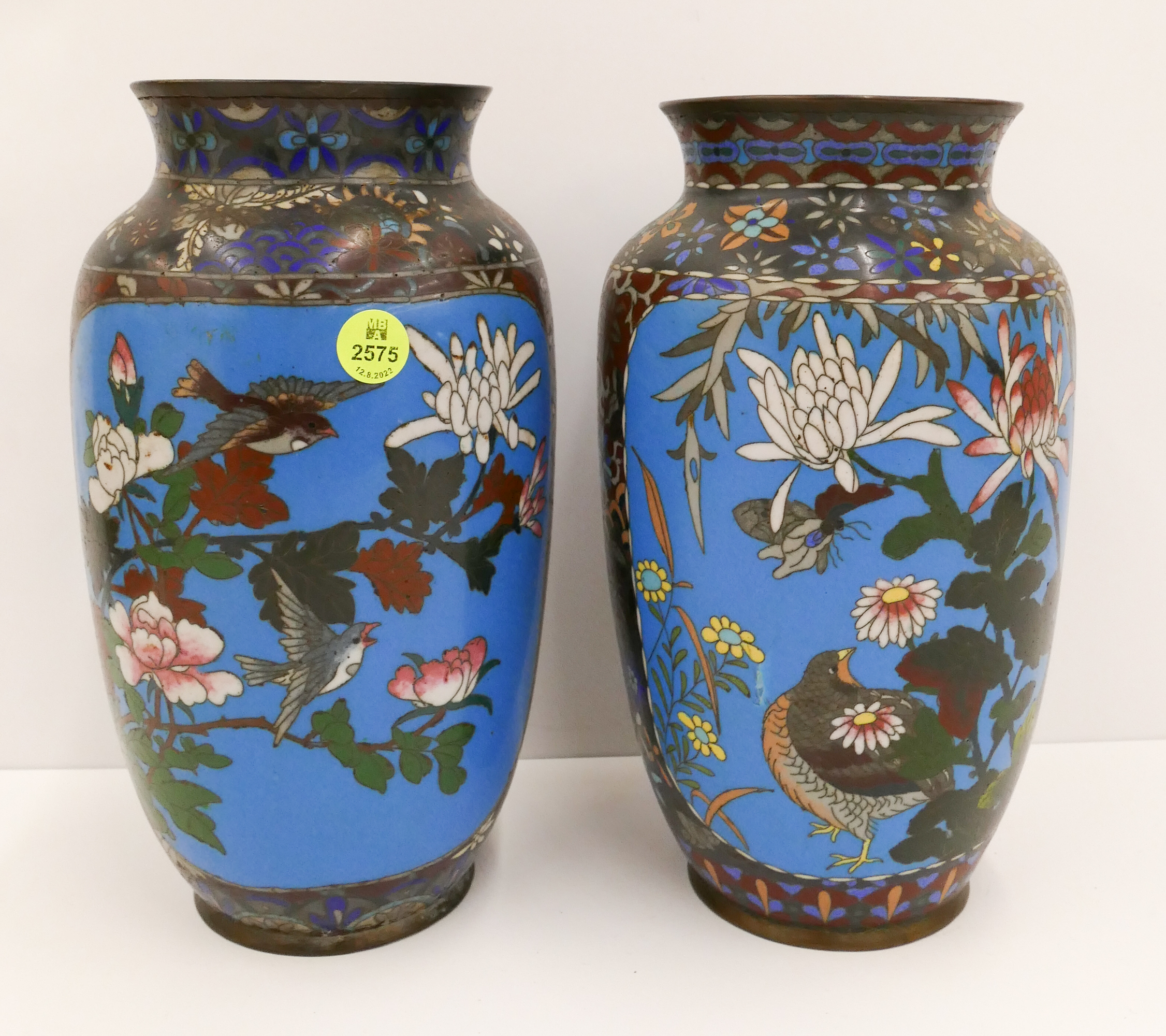 Appraisal: Pair Antique Japanese Cloisonne Floral Bird Vases- '' with some