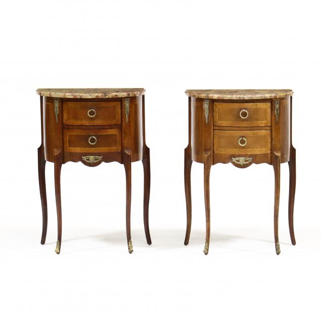 Appraisal: PAIR OF FRENCH EMPIRE STYLE INLAID MARBLE TOP STANDS Mid