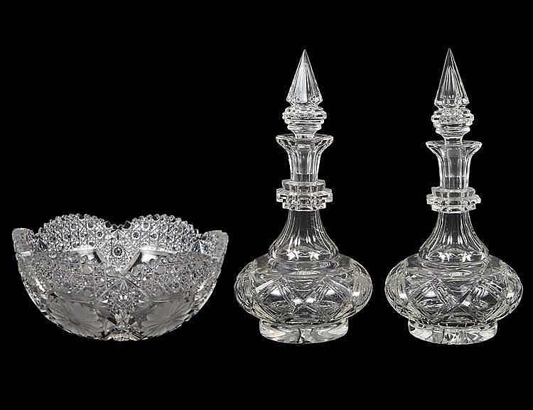 Appraisal: PAIR OF CUT GLASS DECANTERS AND A CUT GLASS BOWL