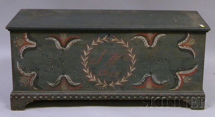 Appraisal: Blue-painted and Polychrome-decorated Dovetail-constructed Blanket Box the front panel initialed