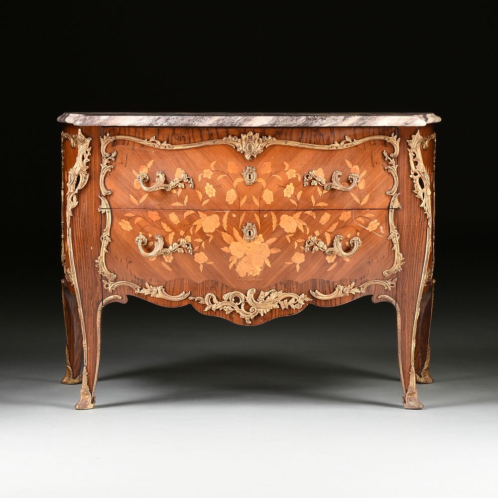 Appraisal: A LOUIS XV STYLE ORMOLU MOUNTED AND MARBLE TOPPED TULIPWOOD