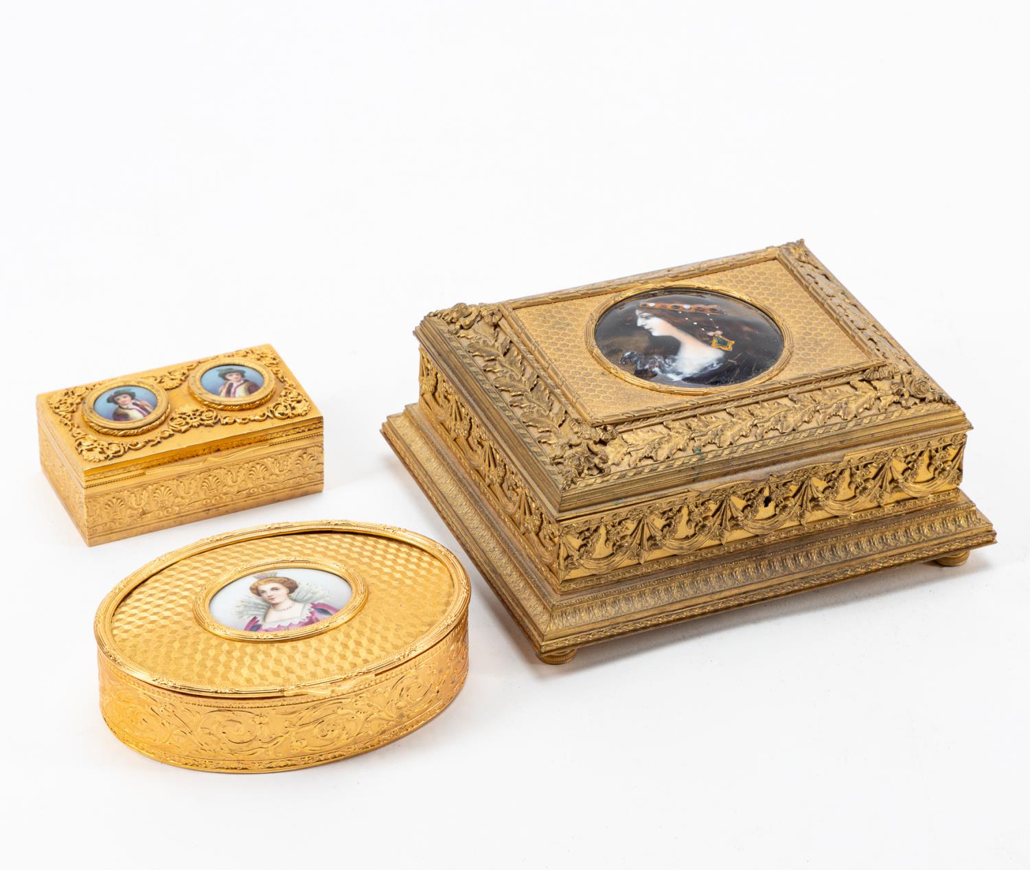 Appraisal: FRENCH GILT MINIATURE PORTRAIT DRESSER BOXES Continental likely French early