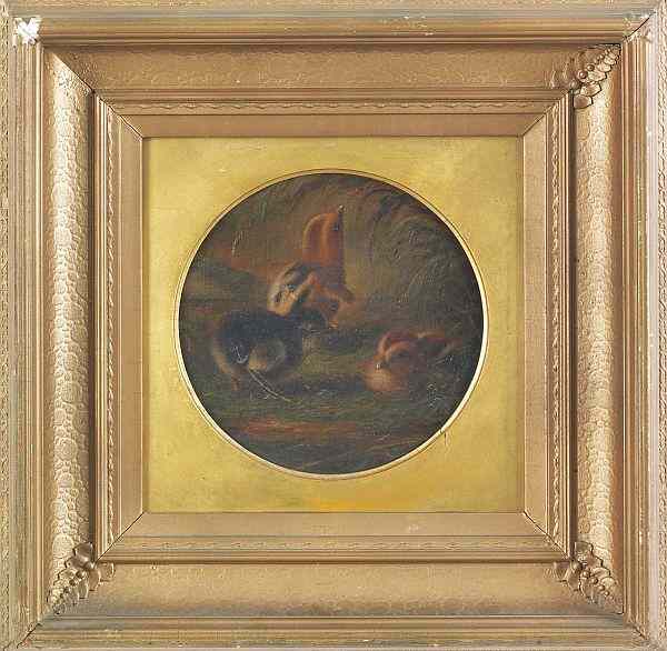 Appraisal: Oil on canvas of three chicks late th c signed