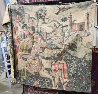 Appraisal: Continental style wall tapestry polychrome printed depicting a courtly procession