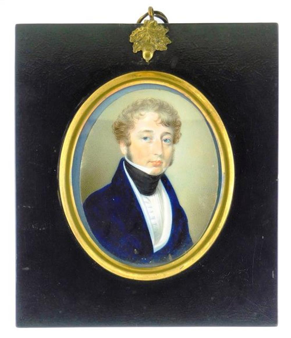 Appraisal: MINIATURE Young man oval support likely ivory short curly brown