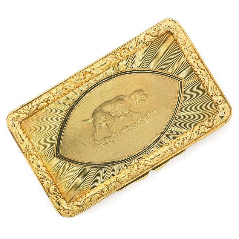 Appraisal: ANTIQUE K GOLD SNUFF BOX CARTIER Rectangular engine turned gold