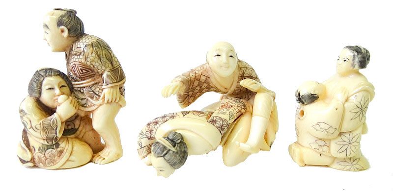 Appraisal: Three Chinese Carved Netsuke Erotica Three Chinese Carved Ivory Netsuke