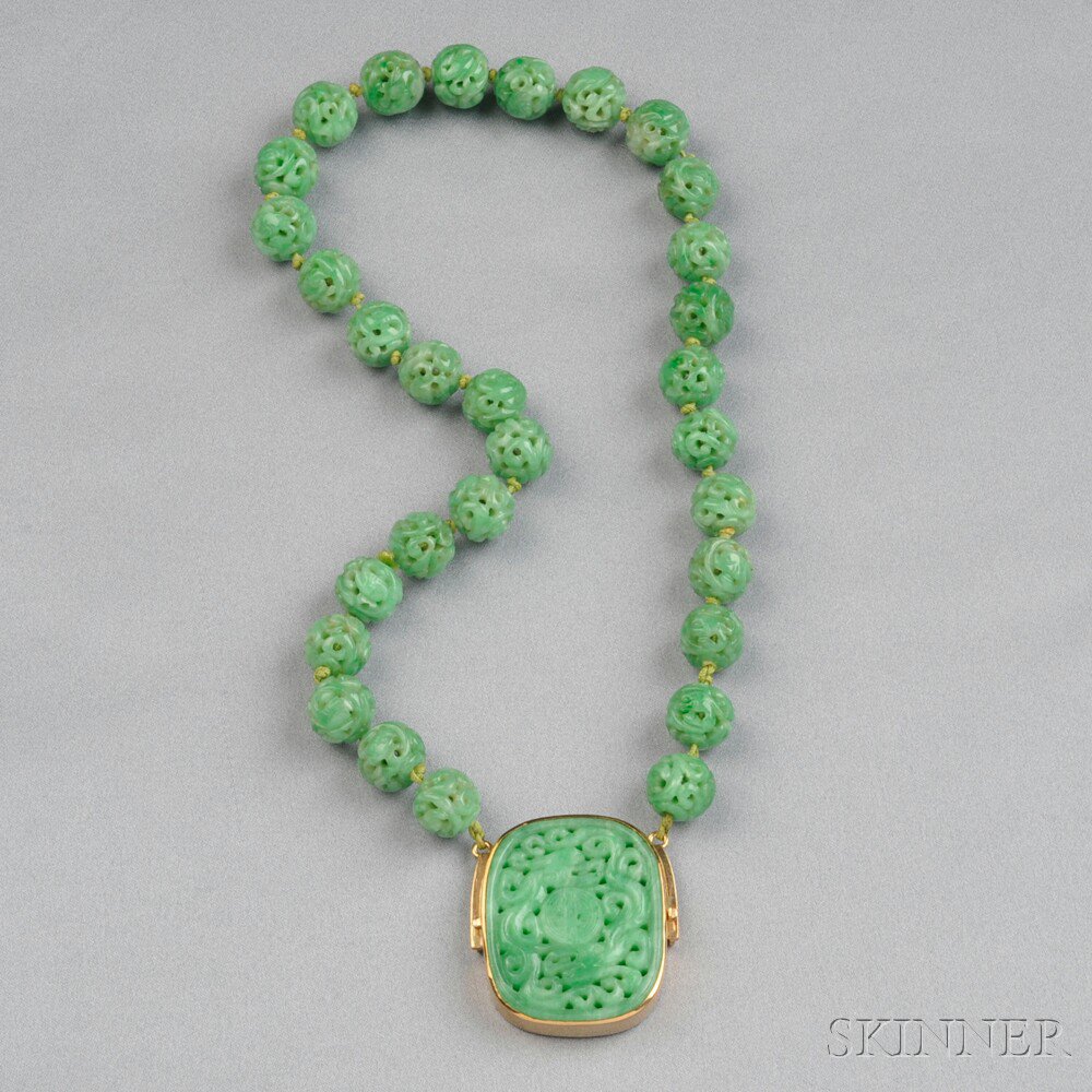 Appraisal: kt Gold Jade and Jade Bead Necklace Bensabott Chicago the