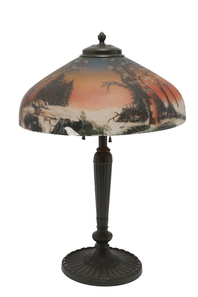 Appraisal: Metal Table Lamp Handel Style Painted Glass Shade Metal table