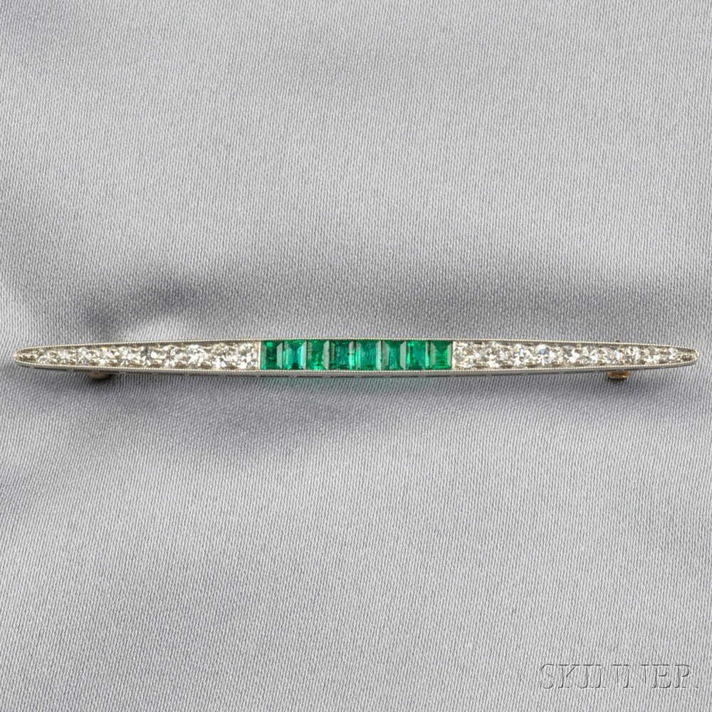 Appraisal: Art Deco Platinum Emerald and Diamond Bar Pin of navette