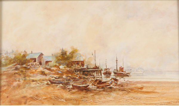 Appraisal: Asterio Pascolini Italian American b Harbor landscape acrylic and watercolor