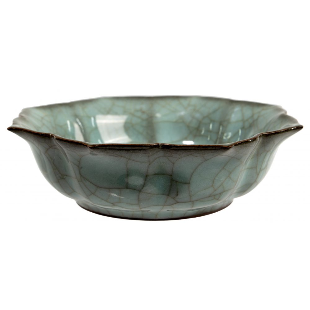 Appraisal: CHINESE CELADON CRACKLE GLAZED FLORIFORM BOWLGuan ware style having darker